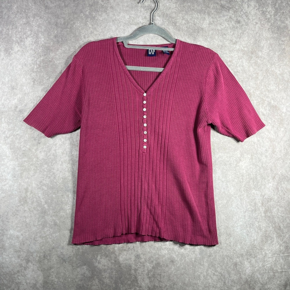 Vintage Gap Sweater Womens Medium Pink Rib Knit Button Front Short Sleeve Y2K